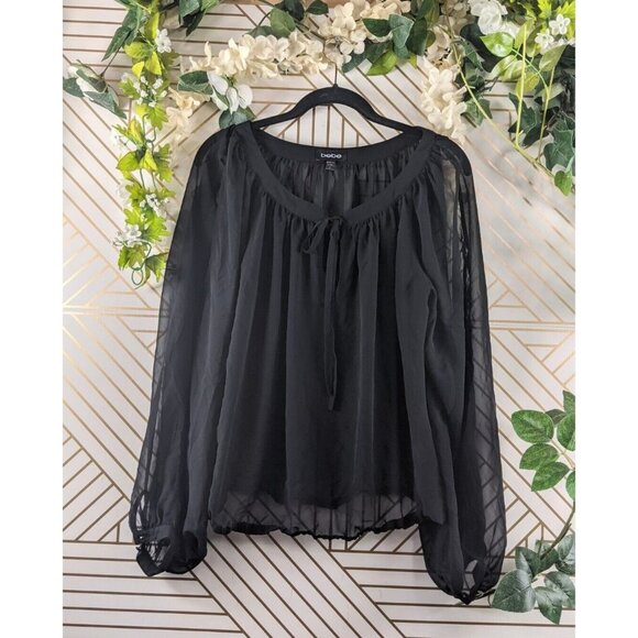BEBE Women's Sheer Flowy LONG SLEEVE Black Blouse Keyhole Tie Size Small - Picture 1 of 9